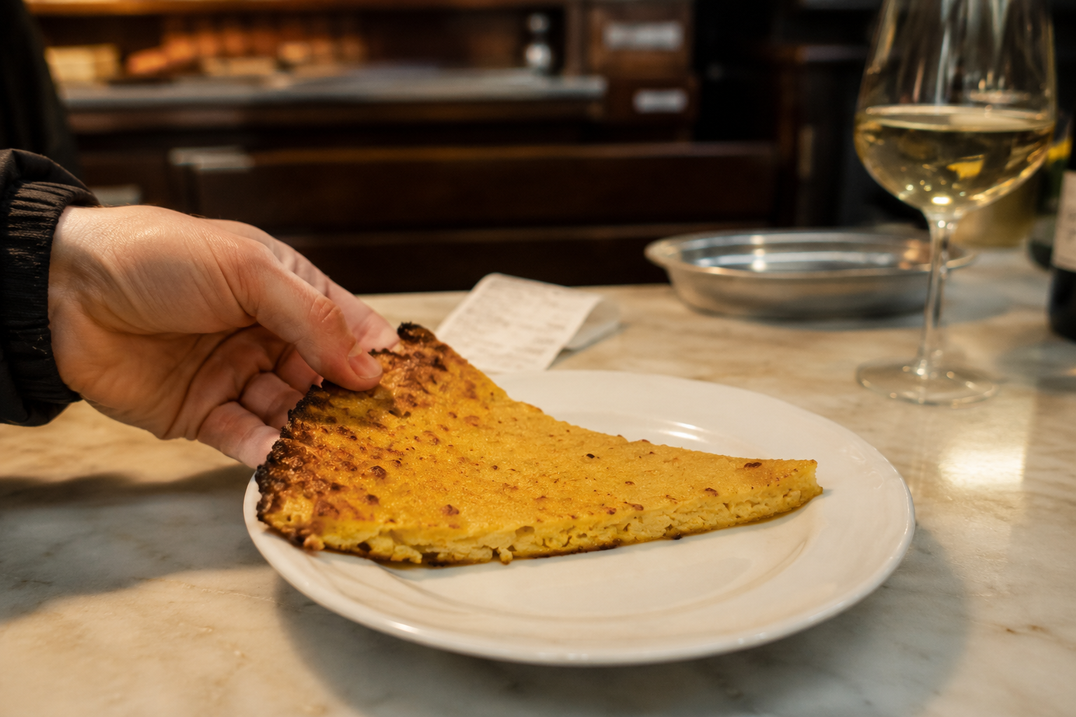 Farinata being served at a marble counter