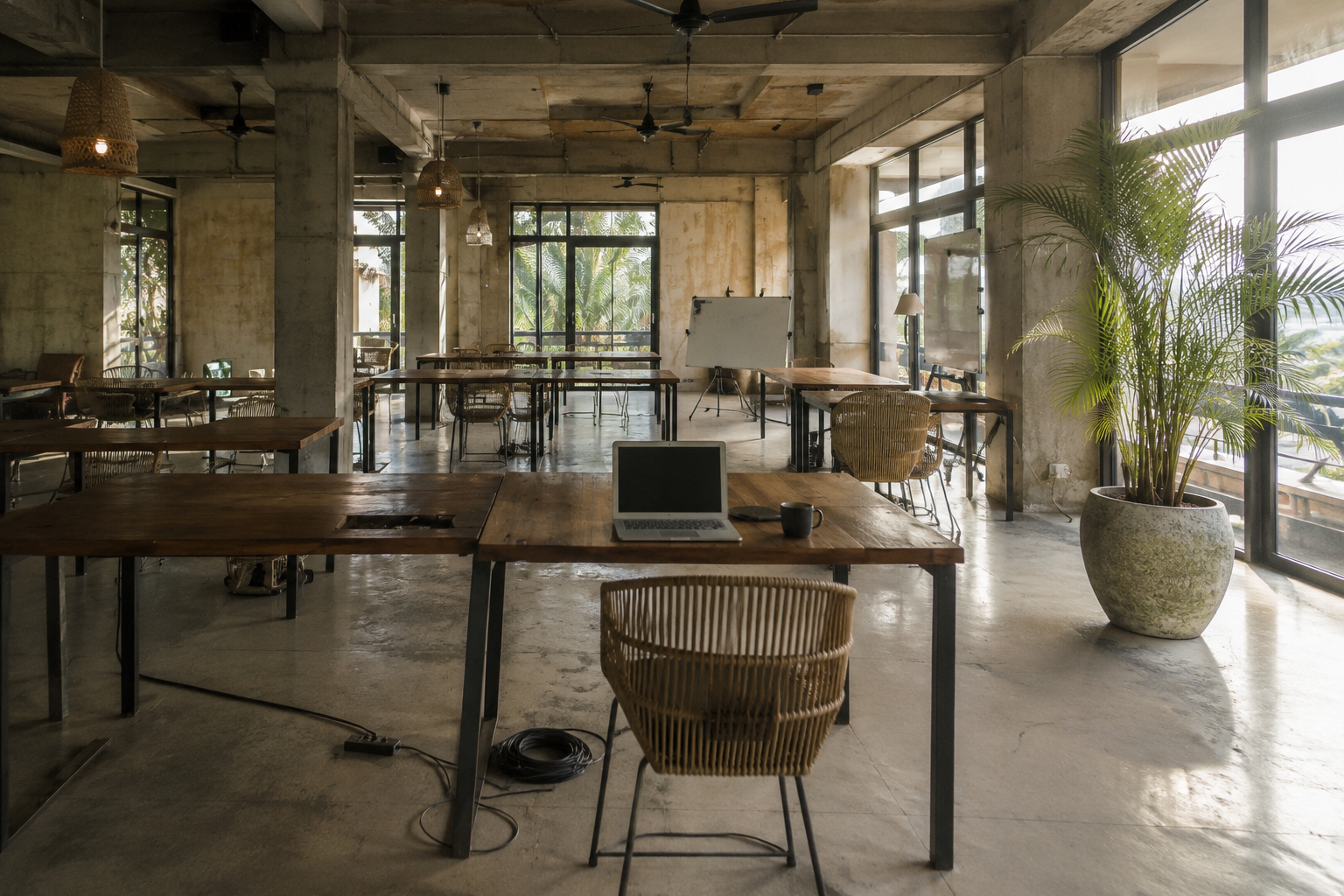 A quiet co-working space with empty desks