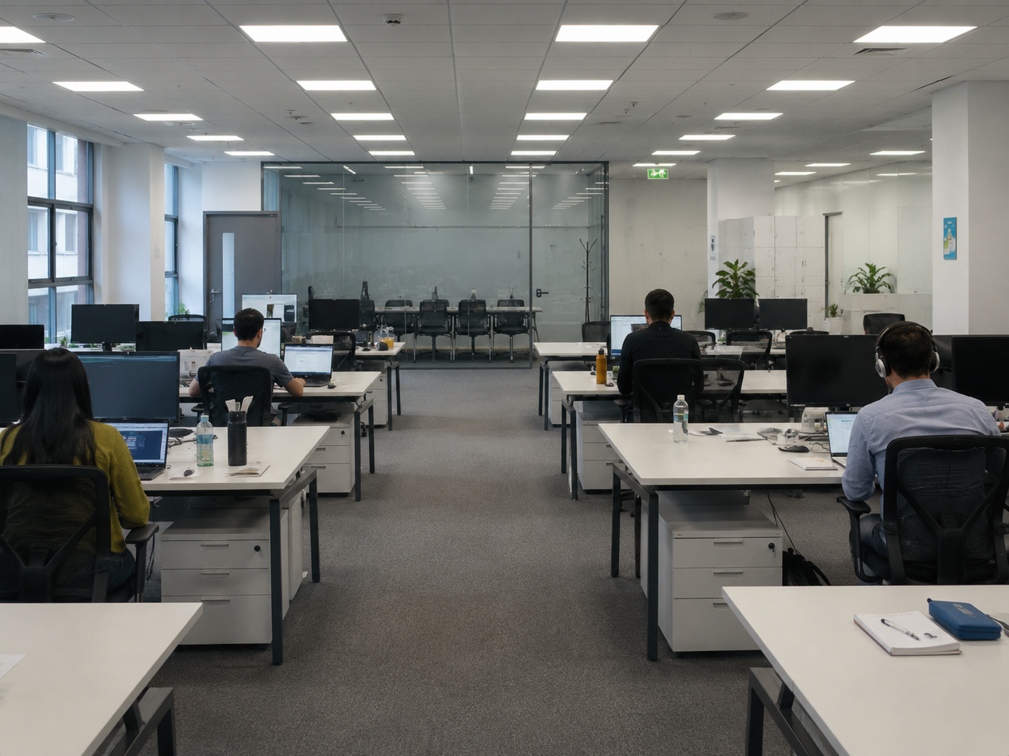 Open-plan office with rows of desks