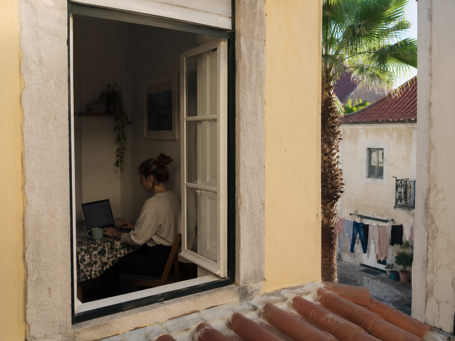 Someone working from a window seat overlooking a city